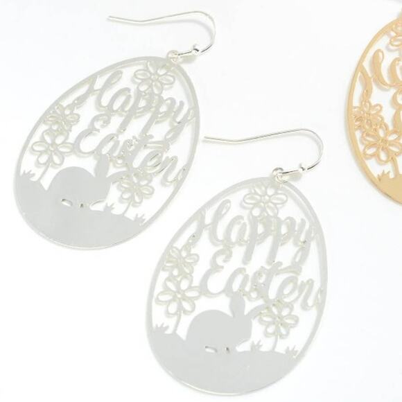 Silver Brass Happy Easter Egg Dangle Drop Earrings - Picture 2 of 3